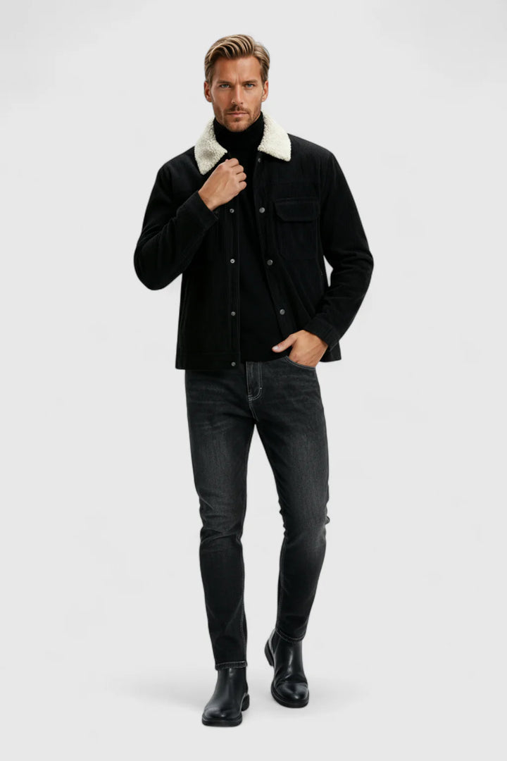 Herrejakke i fløjl med sherpa-krave og trykknapper - Sort