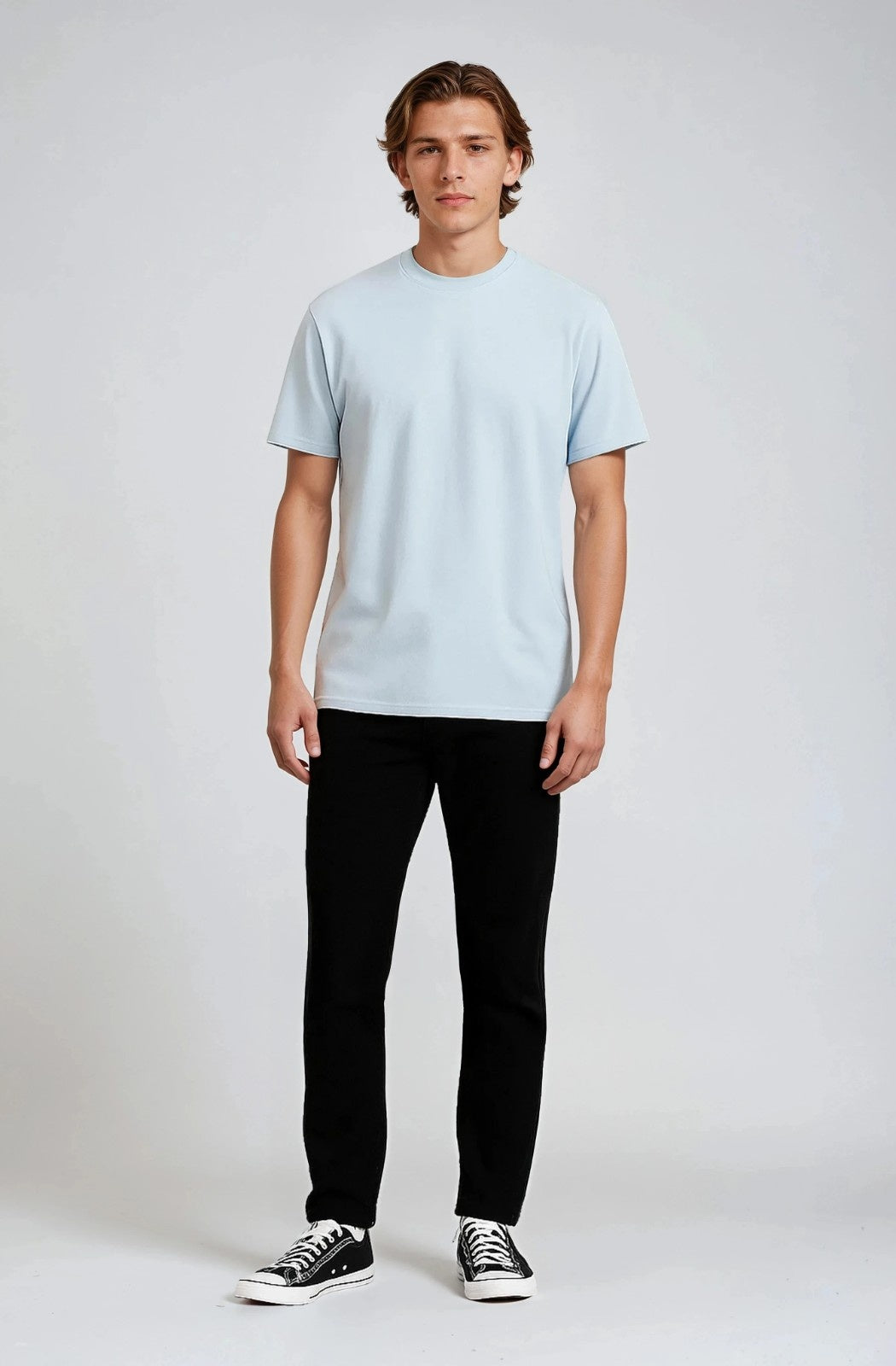 Herre T-shirt i Bomuld – Åndbar Kortærmet Rund Hals – Tågeblå