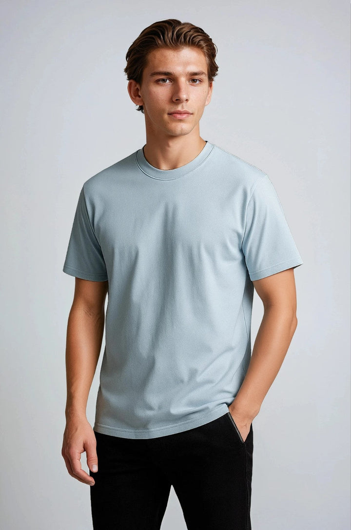 Herre T-shirt i Bomuld – Åndbar Kortærmet Rund Hals – Tågeblå
