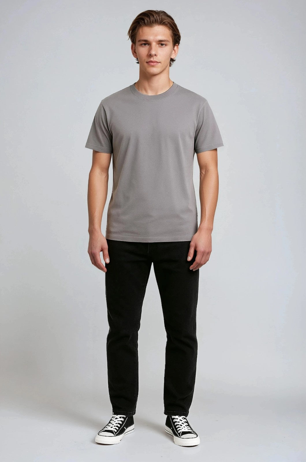 Herre T-shirt i Bomuld – Åndbar Kortærmet Rund Hals – Jerngrå