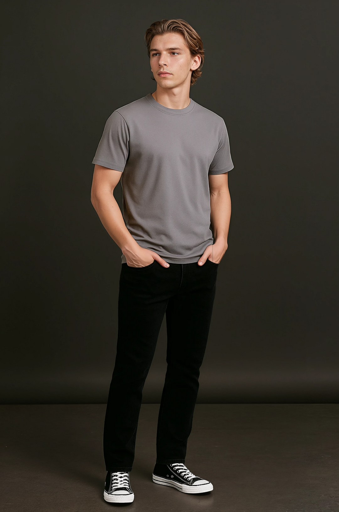 Herre T-shirt i Bomuld – Åndbar Kortærmet Rund Hals – Jerngrå