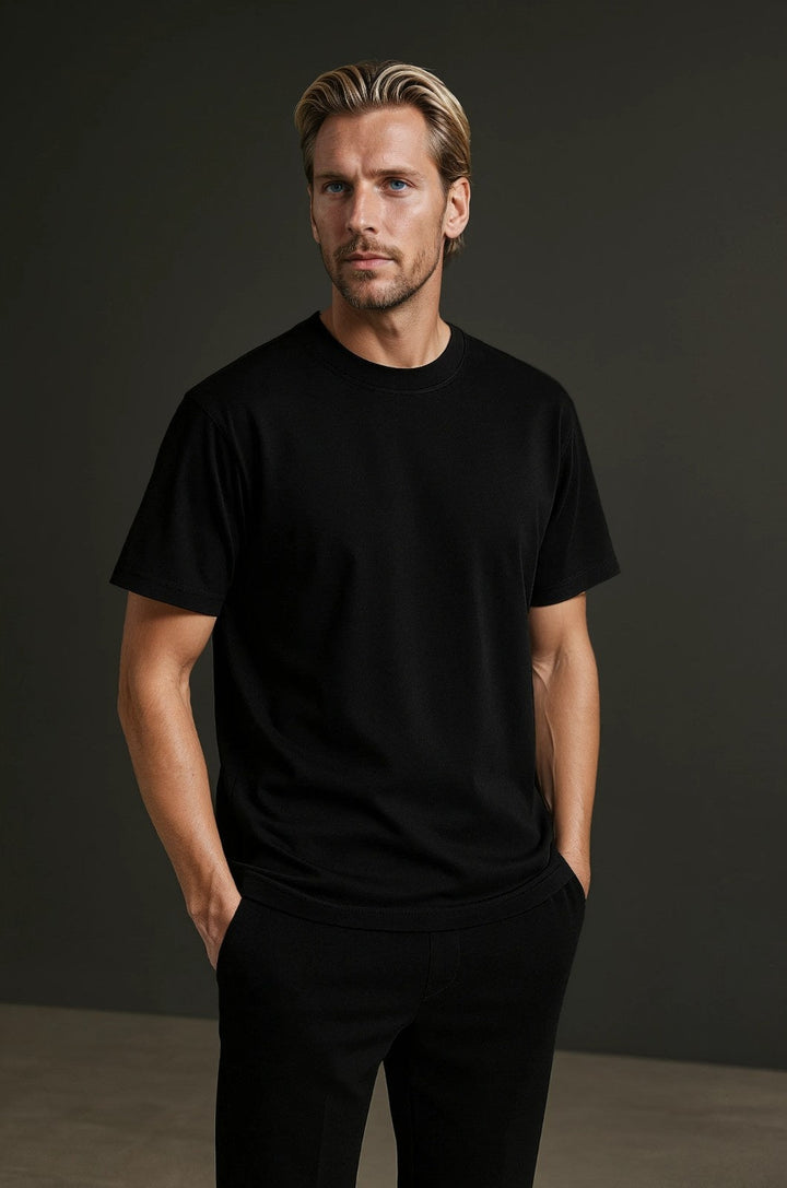 Herre T-shirt i Bomuld – Åndbar Kortærmet Rund Hals – Kulsort