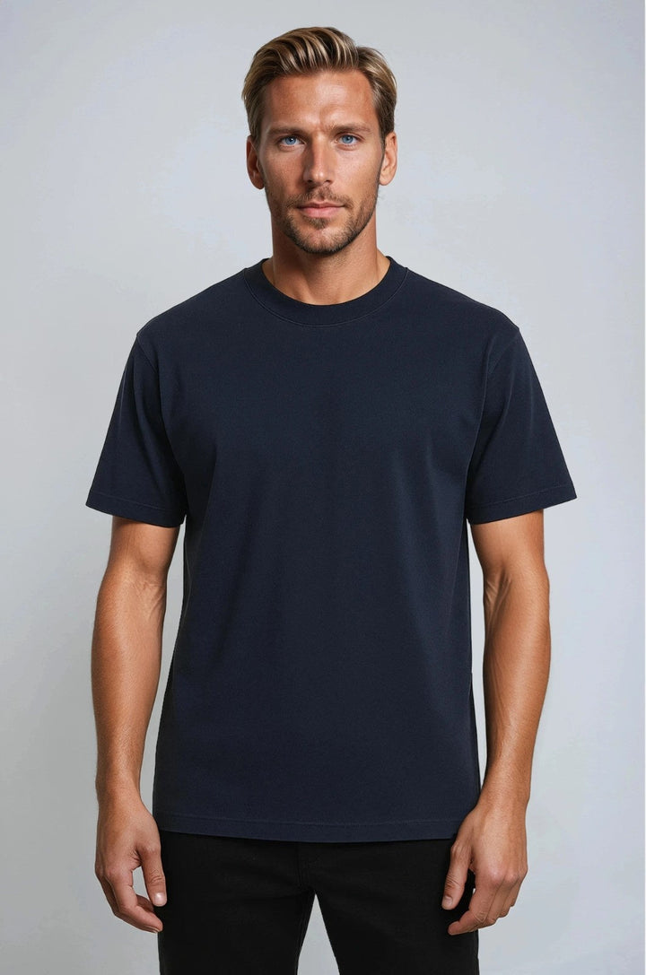 Herre T-shirt i Bomuld – Åndbar Kortærmet Rund Hals – Marineblå