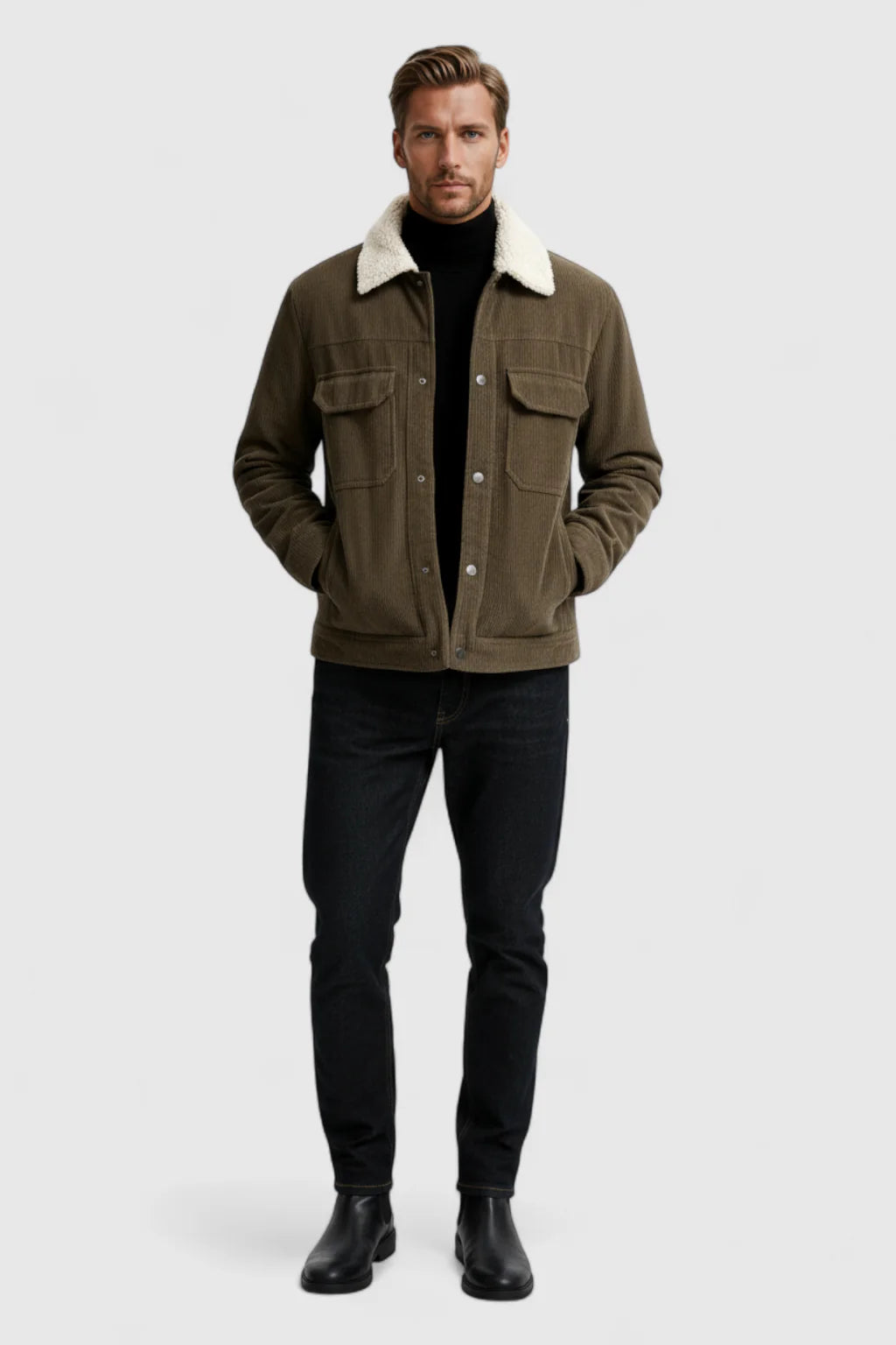 Herrejakke i fløjl med sherpa-krave og trykknapper - Kaffebrun