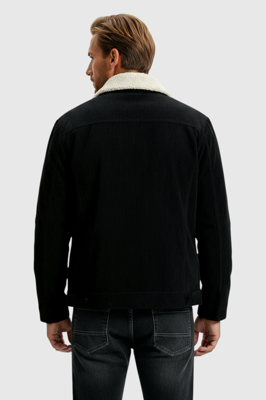 Herrejakke i fløjl med sherpa-krave og trykknapper - Sort