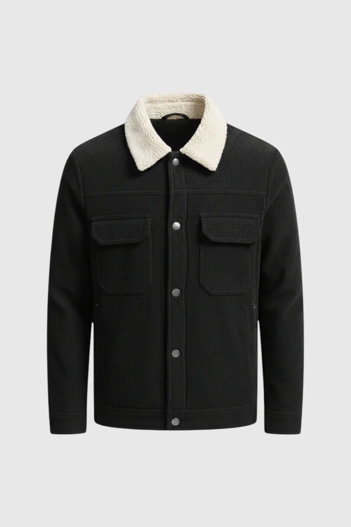 Herrejakke i fløjl med sherpa-krave og trykknapper - Sort