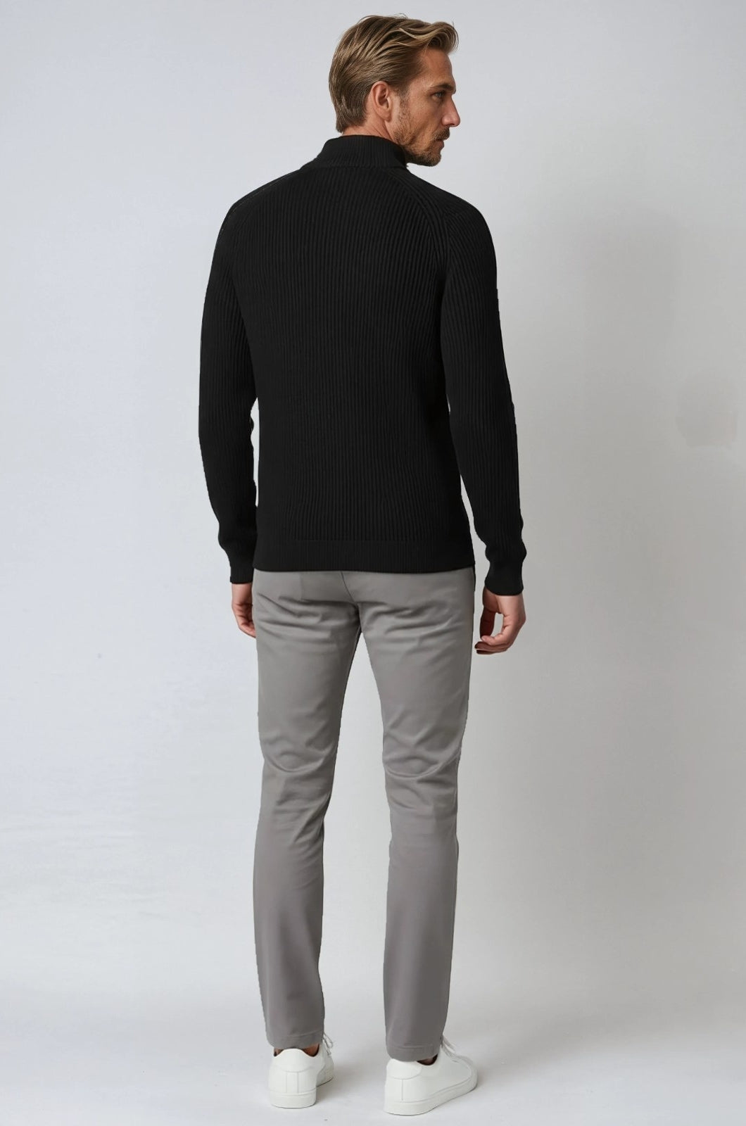 Herre Half-Zip Striktrøje med Ståkrave – Sort