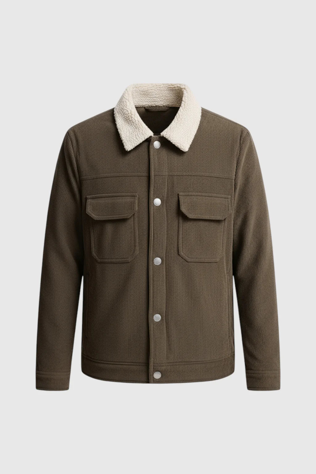 Herrejakke i fløjl med sherpa-krave og trykknapper - Kaffebrun