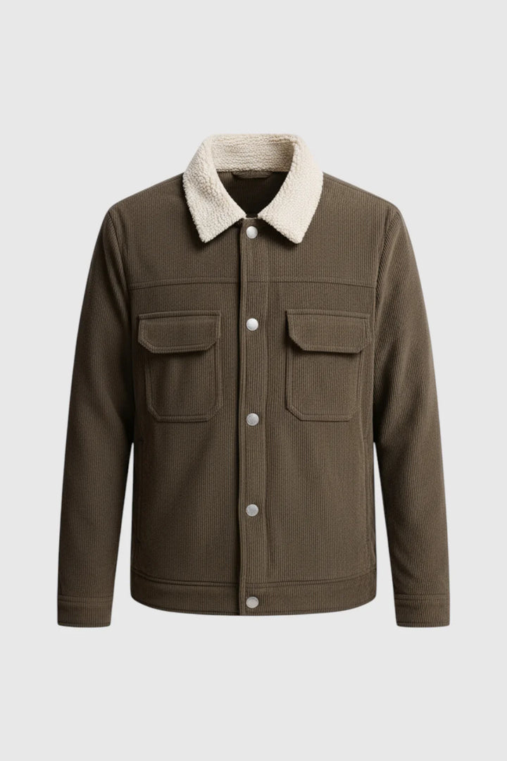 Herrejakke i fløjl med sherpa-krave og trykknapper - Kaffebrun