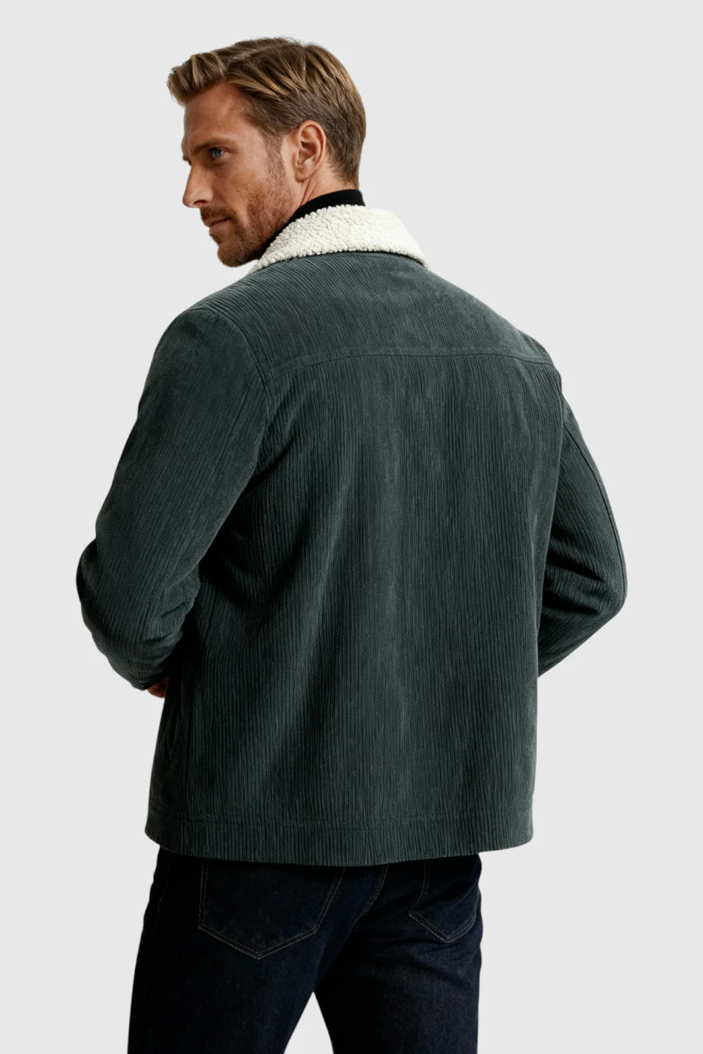 Herrejakke i fløjl med sherpa-krave og trykknapper - Mørk Koksgrå