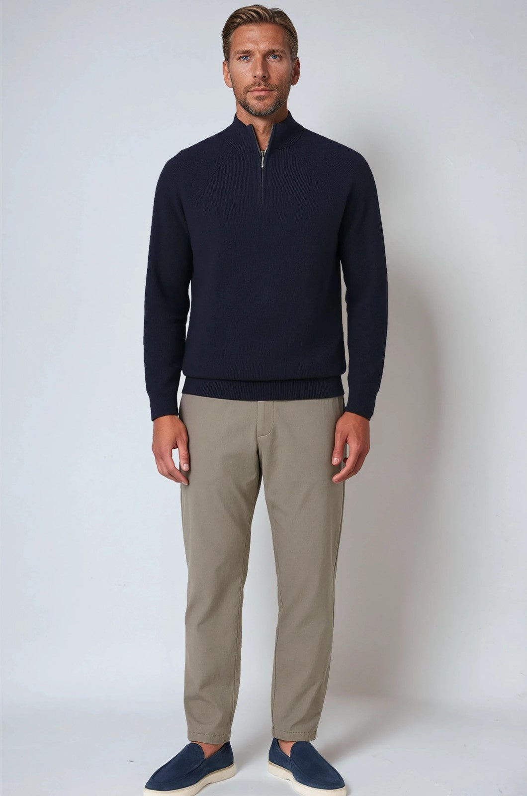 Herre Half-Zip Striktrøje med Ståkrave – Kongeblå