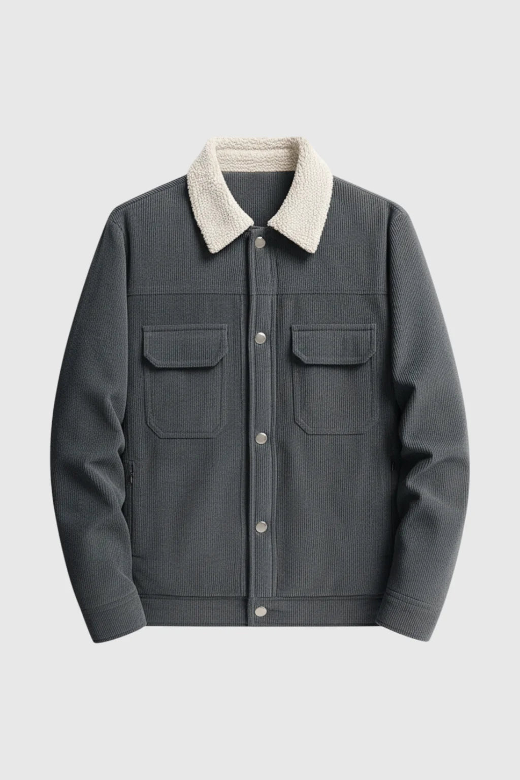 Herrejakke i fløjl med sherpa-krave og trykknapper - Mørk Koksgrå