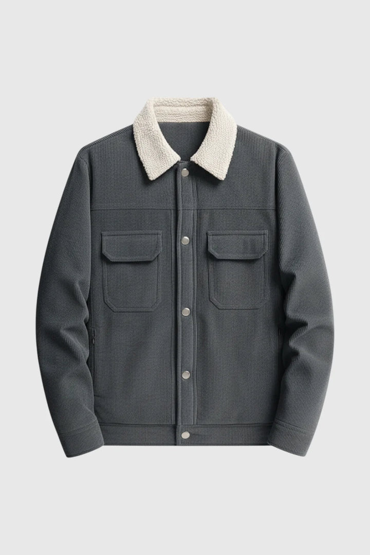 Herrejakke i fløjl med sherpa-krave og trykknapper - Mørk Koksgrå