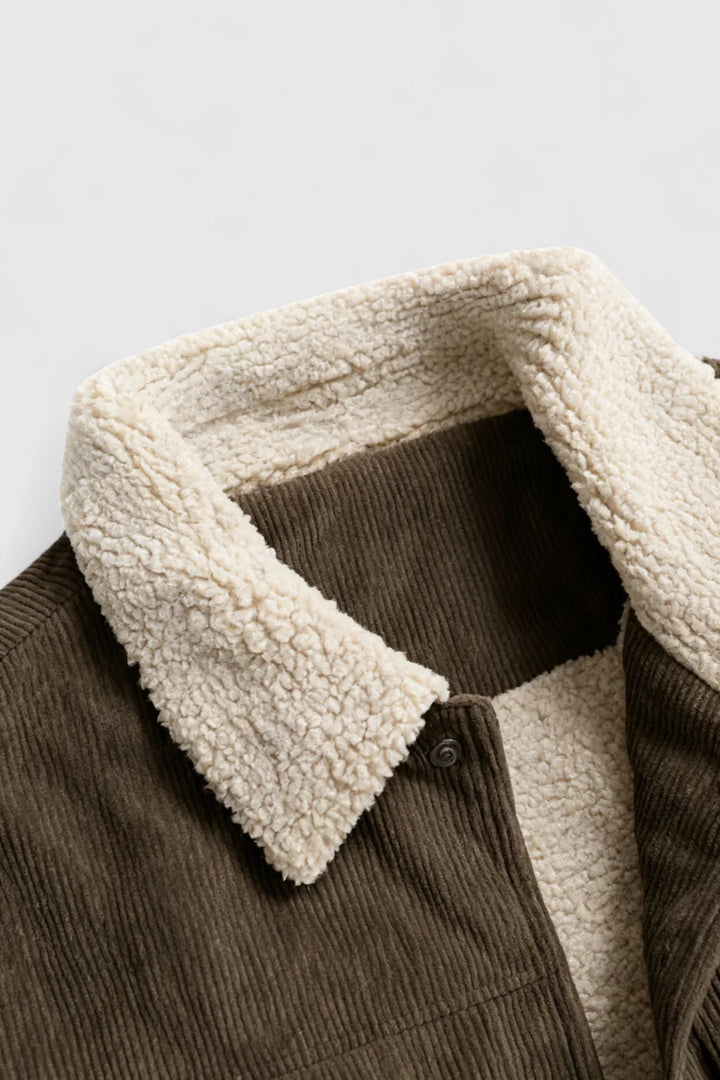 Herrejakke i fløjl med sherpa-krave og trykknapper - Kaffebrun