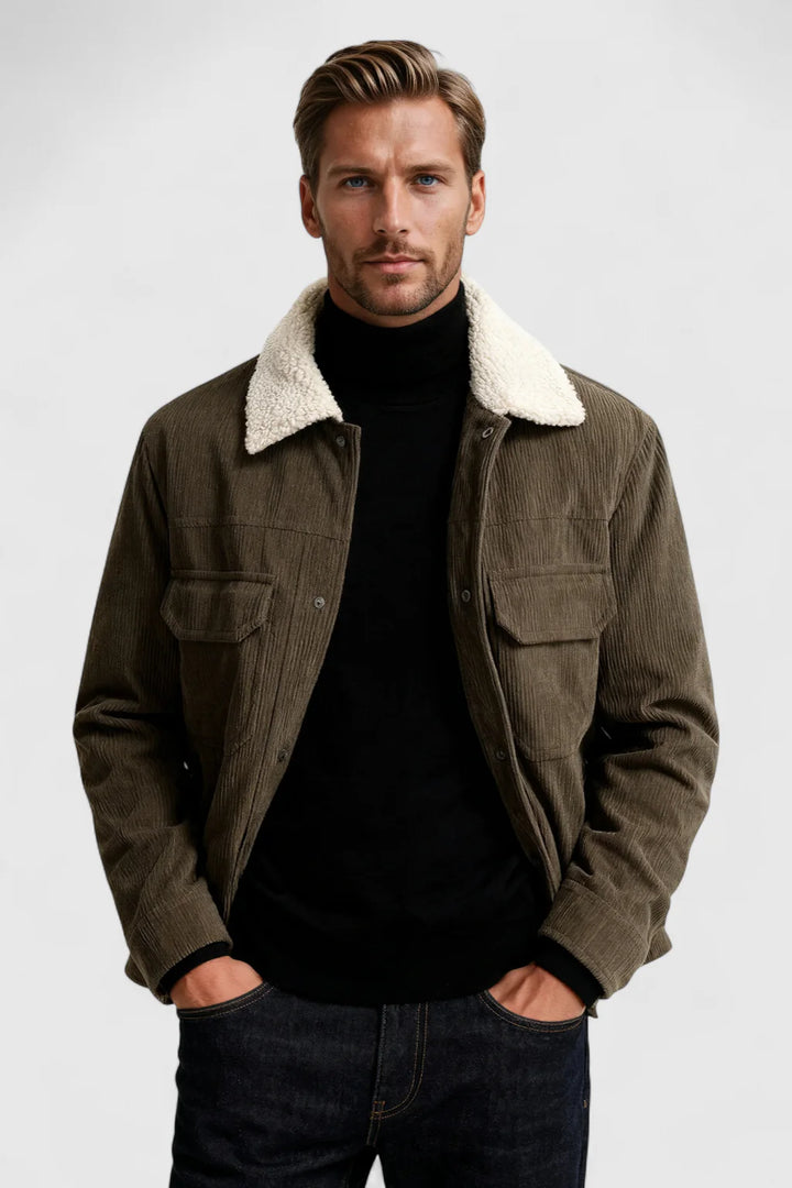 Herrejakke i fløjl med sherpa-krave og trykknapper - Kaffebrun